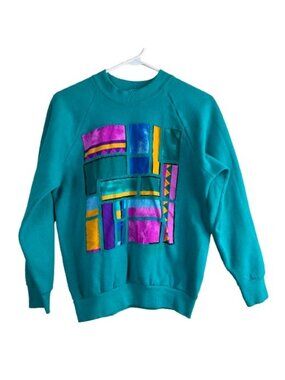 VTG 80s Fruit of the Loom Geometric Patchwork Crewneck Sweatshirt S